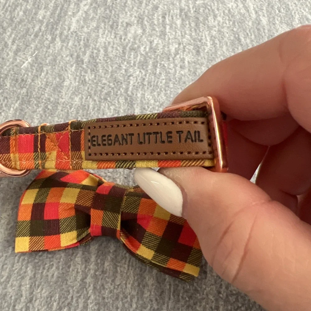 Elegant Little Tail XS Dog Collar & Bow Yellow Plaid Grid Unisex Adjustable New - Picture 3 of 11